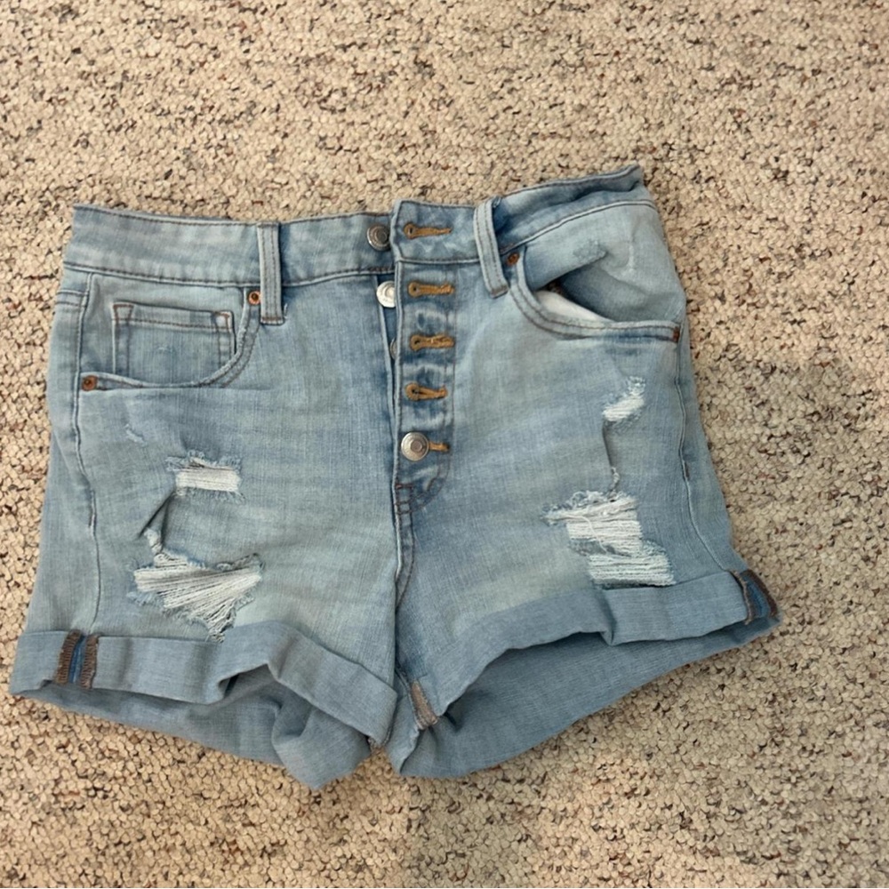 Trendy Light Blue Distressed Jean Shorts